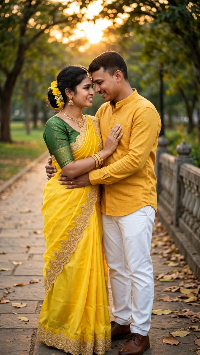 Yellow Twinning Garden Hug - Yellow Saree Shirt Romance - Face Lock AI Prompt Visual