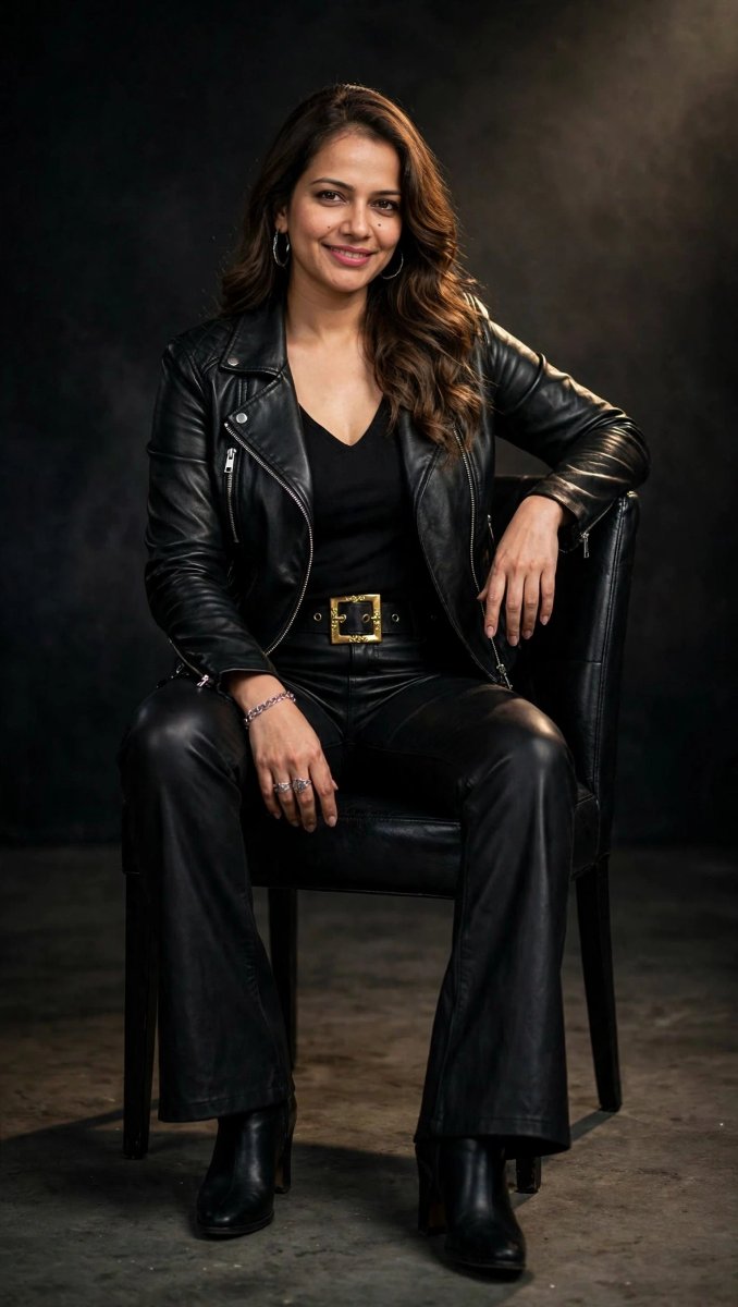 Sanjanaa Arole All Black Leather Chair Sitting - Biker Jacket Flared Pants Boots - Studio Boss AI Prompt Visual