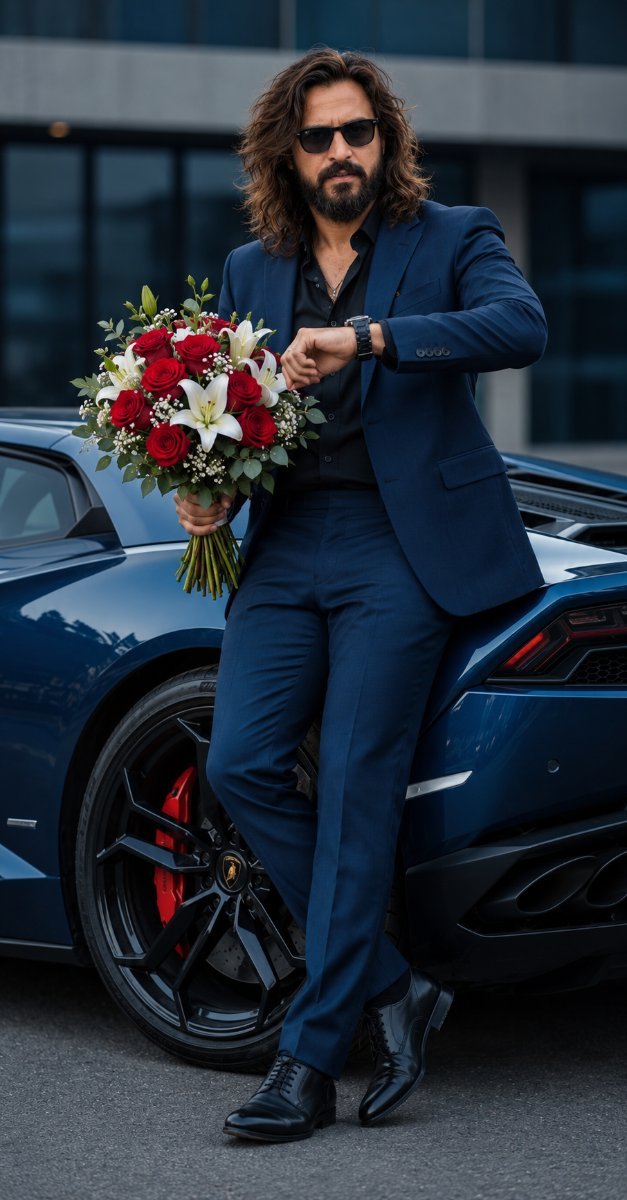 Man standing with flower bouquet in front of Lamborghini Diinesh Patel AI Prompt Visual