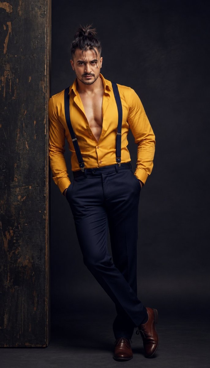 Mustard Open Shirt Suspenders - Navy Trousers Studio Lean. Diinesh Patel AI Prompt Visual