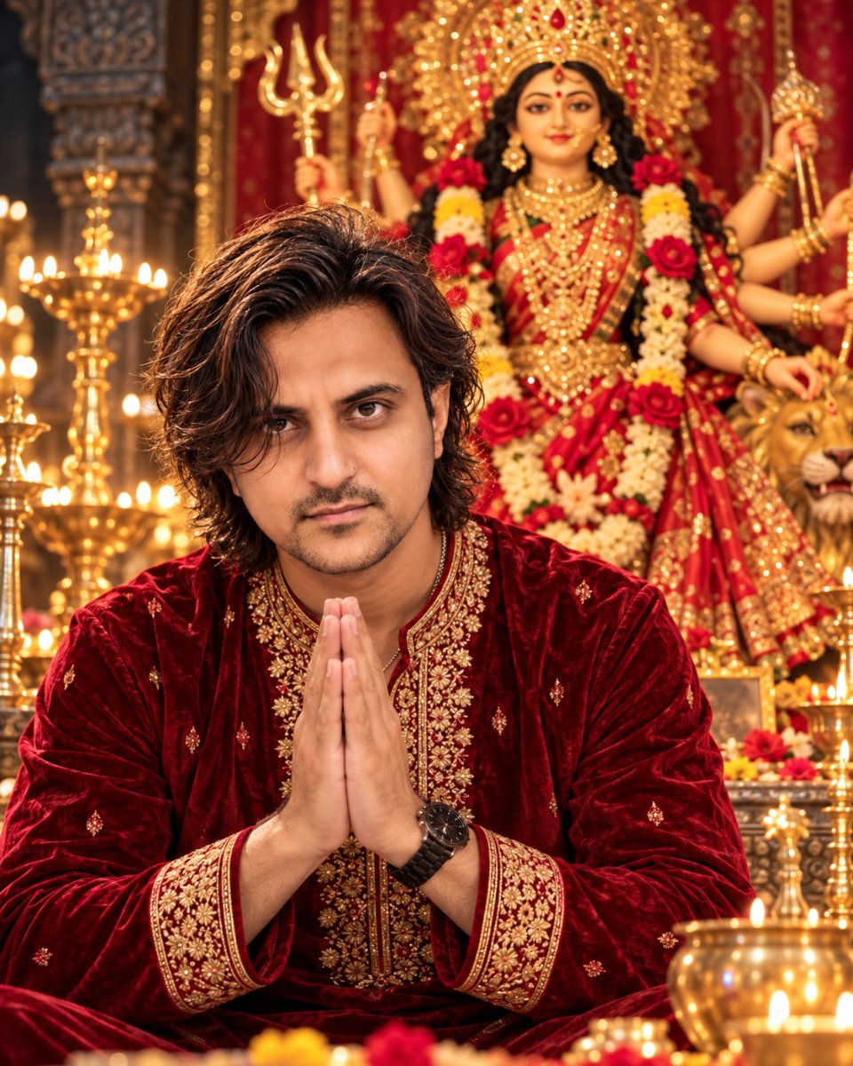 Devotional Prayer - Red Embroidered Kurta Diinesh Patel AI Prompt Visual