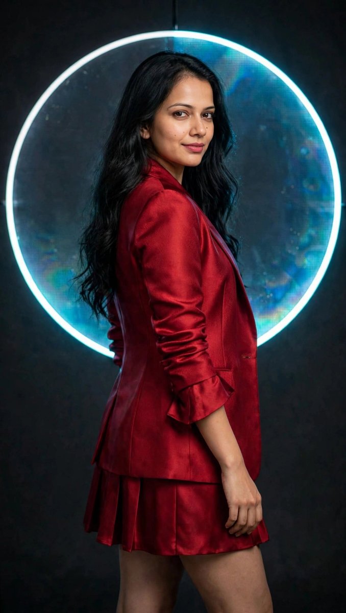 Sanjanaa Arole Red Satin Blazer Pleated Mini Skirt - Neon Circle Halo - Over Shoulder Smile AI Prompt Visual