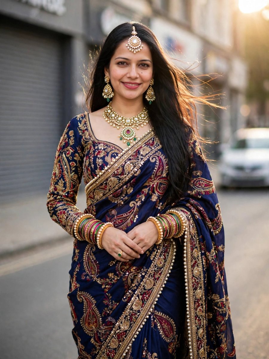 Sanjanaa Arole Modern Street Royal Saree Look - Navy Blue Heavy Embroidered Saree with Full Sleeve Blouse and Multicolor Bangles AI Prompt Visual