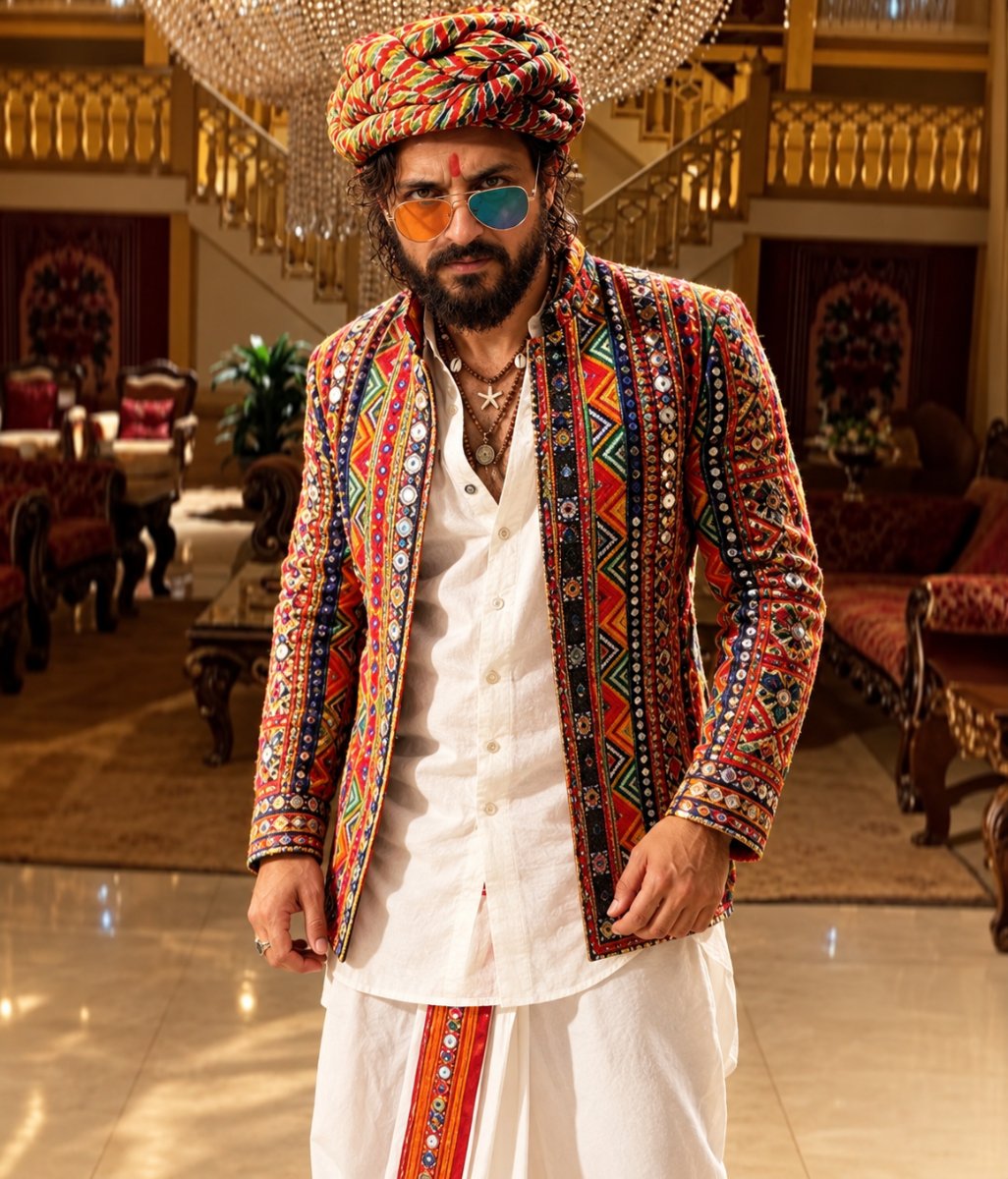 Diinesh Patel as Navratri Rajwada Pop - Pagdi Mirror Blazer AI Prompt Visual