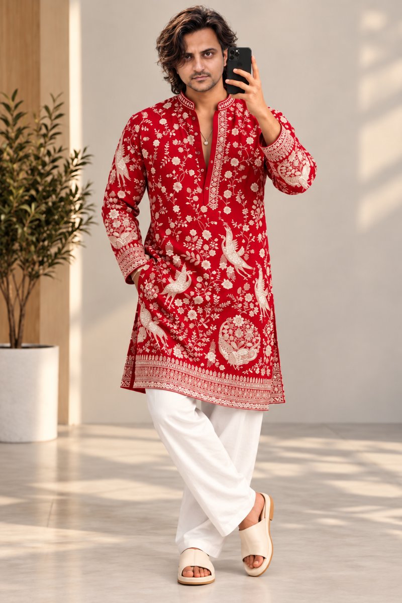 Festive Mirror Selfie - Red Bird Embroidered Kurta  Diinesh Patel AI Prompt Visual