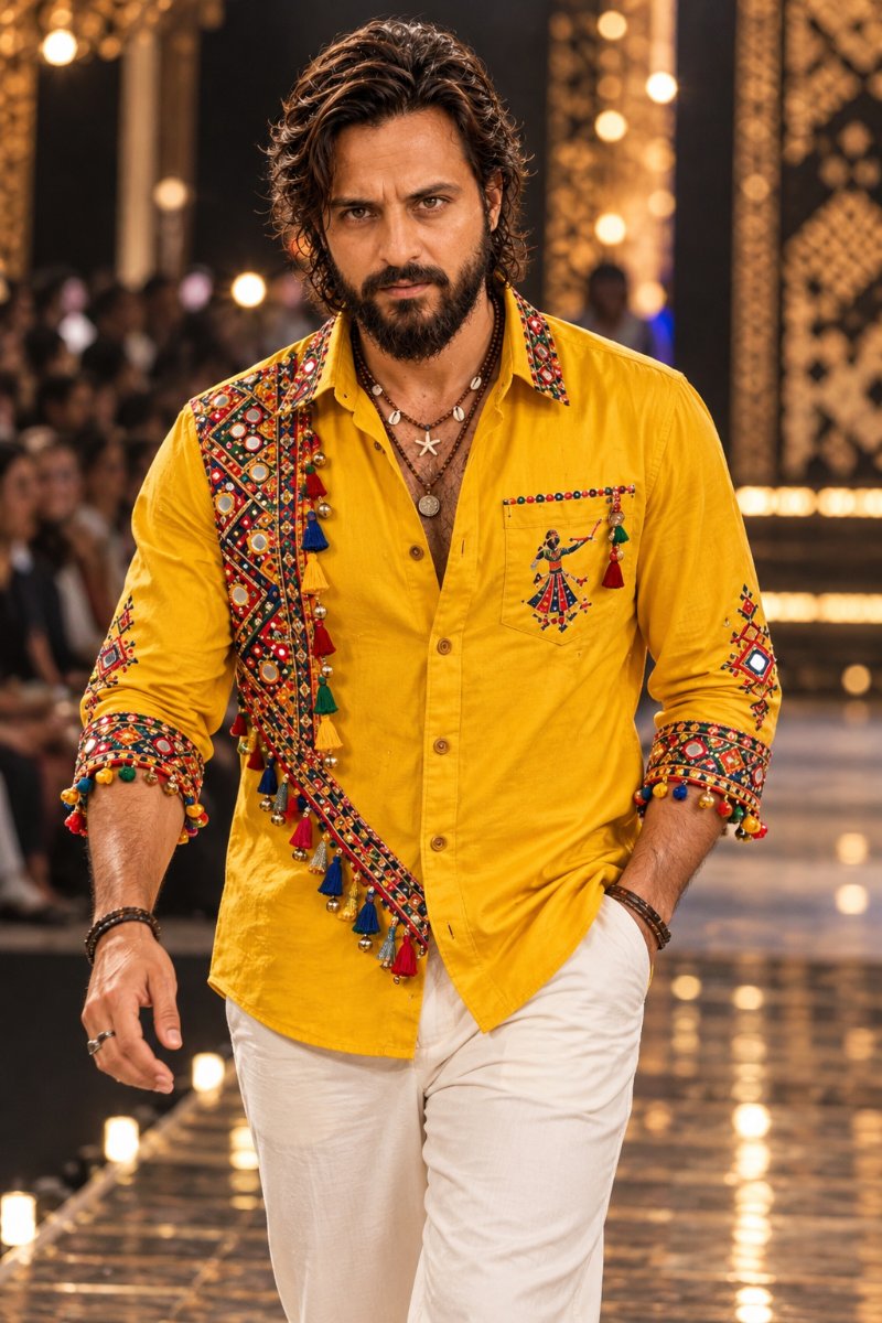 Diinesh Patel as Mustard Banjara traditional - Ramp Garba Shirt AI Prompt Visual