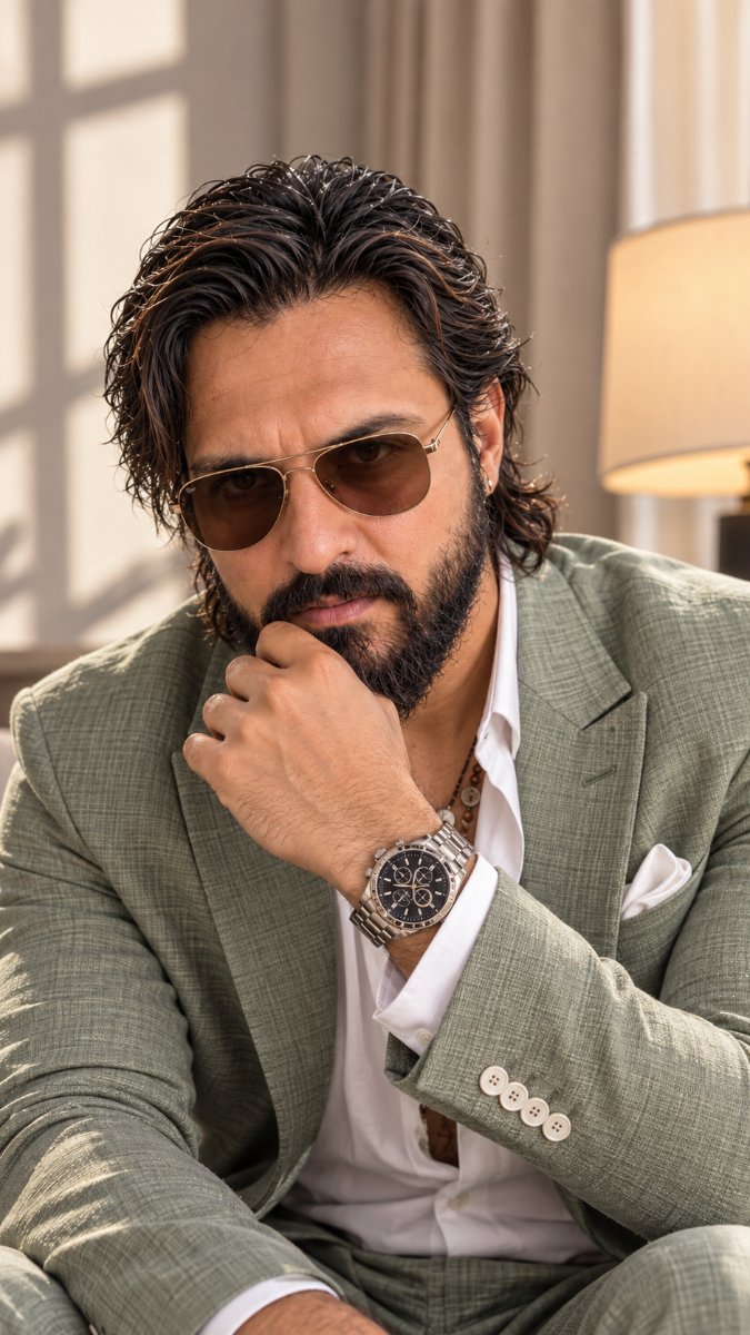 Sage Linen Suit Mullet Beard - Diinesh Patel AI Prompt Visual