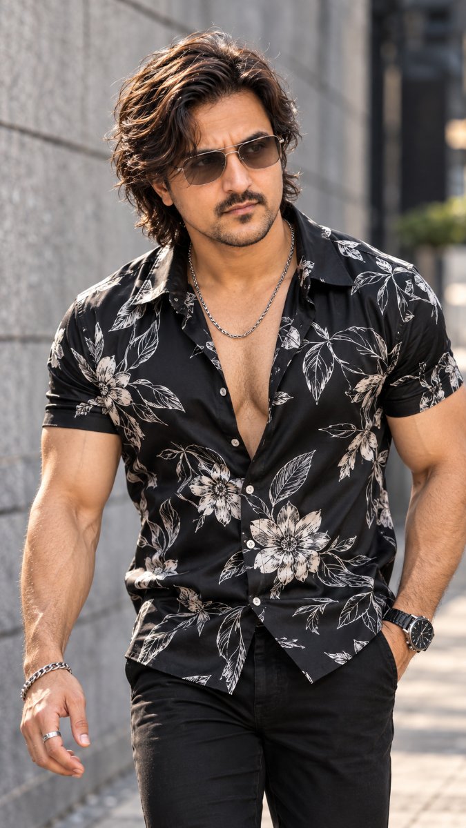 Black White Floral Satin Shirt - Diinesh Patel AI Prompt Visual