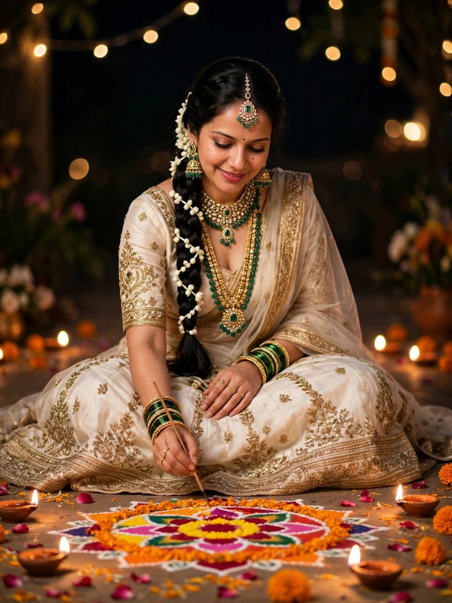 Sanjanaa Arole Navratri dp Diwali Ivory Bridal Rangoli Look - Off White Gold Embroidered Lehenga Making Rangoli with Diyas AI Prompt Visual