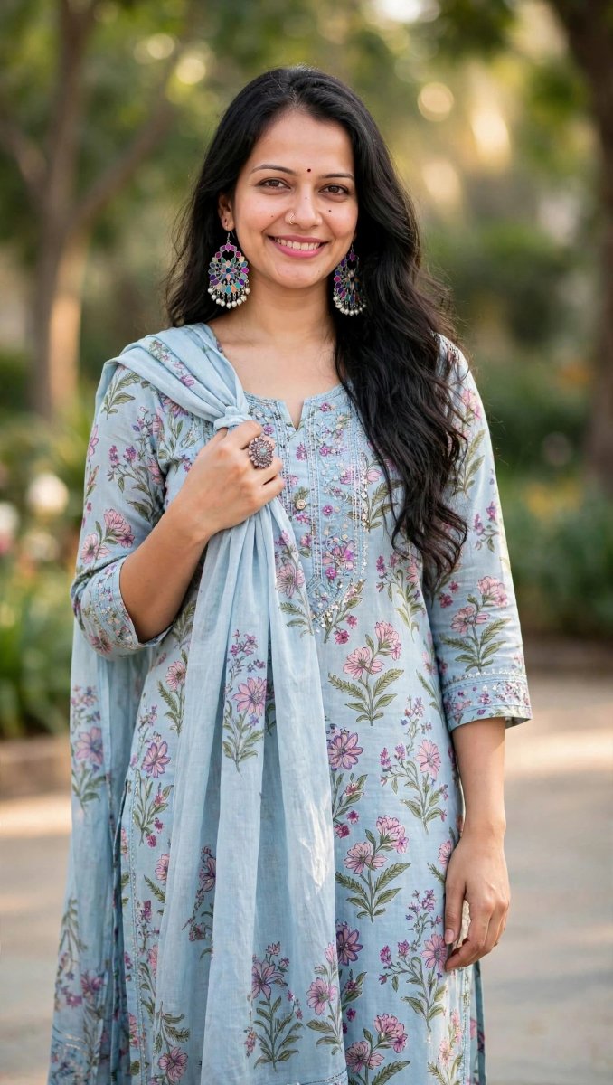 Sanjanaa Arole Light Blue Floral Kurta - Silver Oxidized Jhumka Nose Pin - Sunlight Smile Eyes Closed AI Prompt Visual