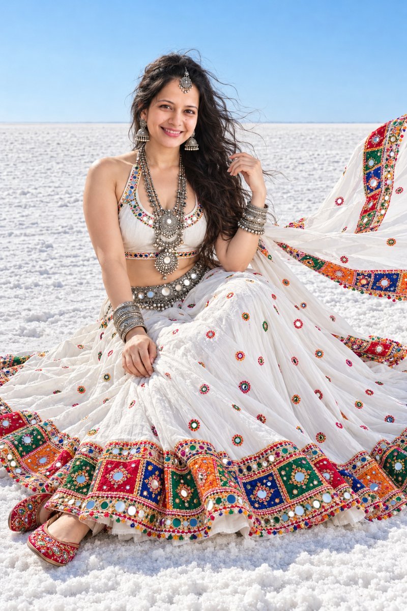 White Kutchi Lehenga Rann Of Kutch Girl - Sanjanaa Arole AI Prompt Visual