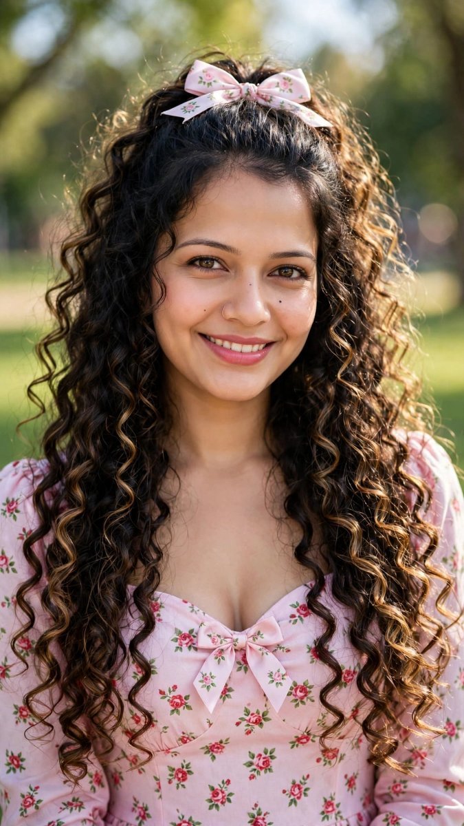 Curly Hair Coquette Girl In Pink Floral Dress - Sanjanaa Arole AI Prompt Visual