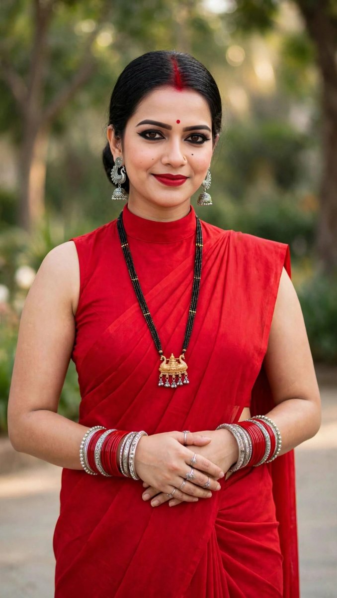 Sanjanaa Arole Red Bridal Saree Mangalsutra Look - Sindoor Bindi Oxidised Silver Jhumka Chura AI Prompt Visual