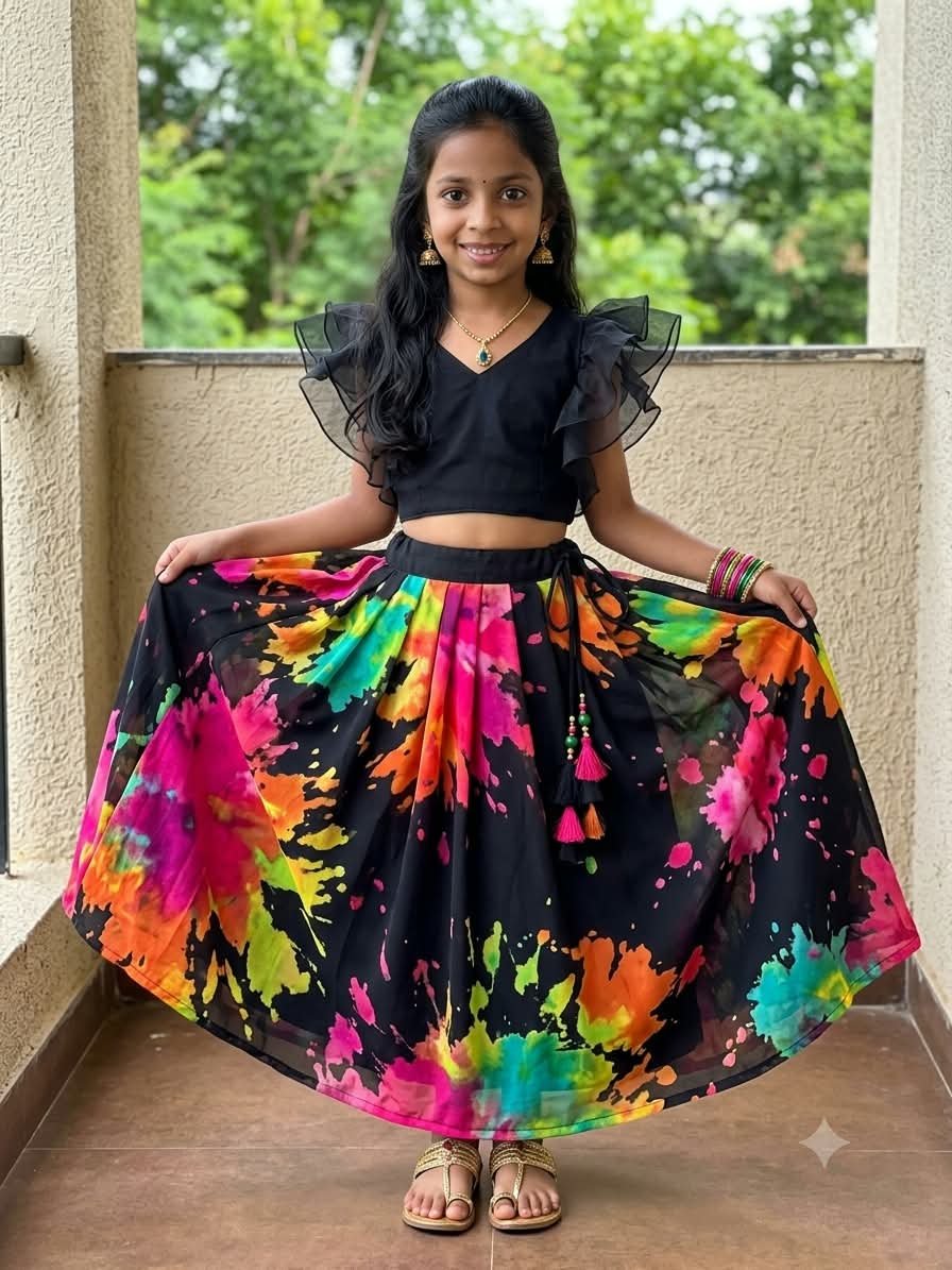 Sanjanaa Arole Little Baby Black Holi Splash Lehenga - Black Organza Ruffle Sleeve Choli with Multicolor Tie Dye Holi Print Flared Skirt AI Prompt Visual