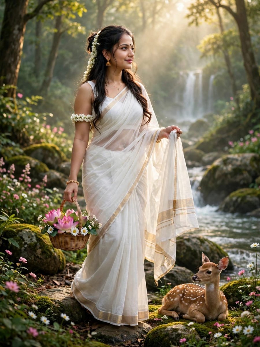 Enchanted Forest White Saree - Sanjanaa Arole AI Prompt Visual