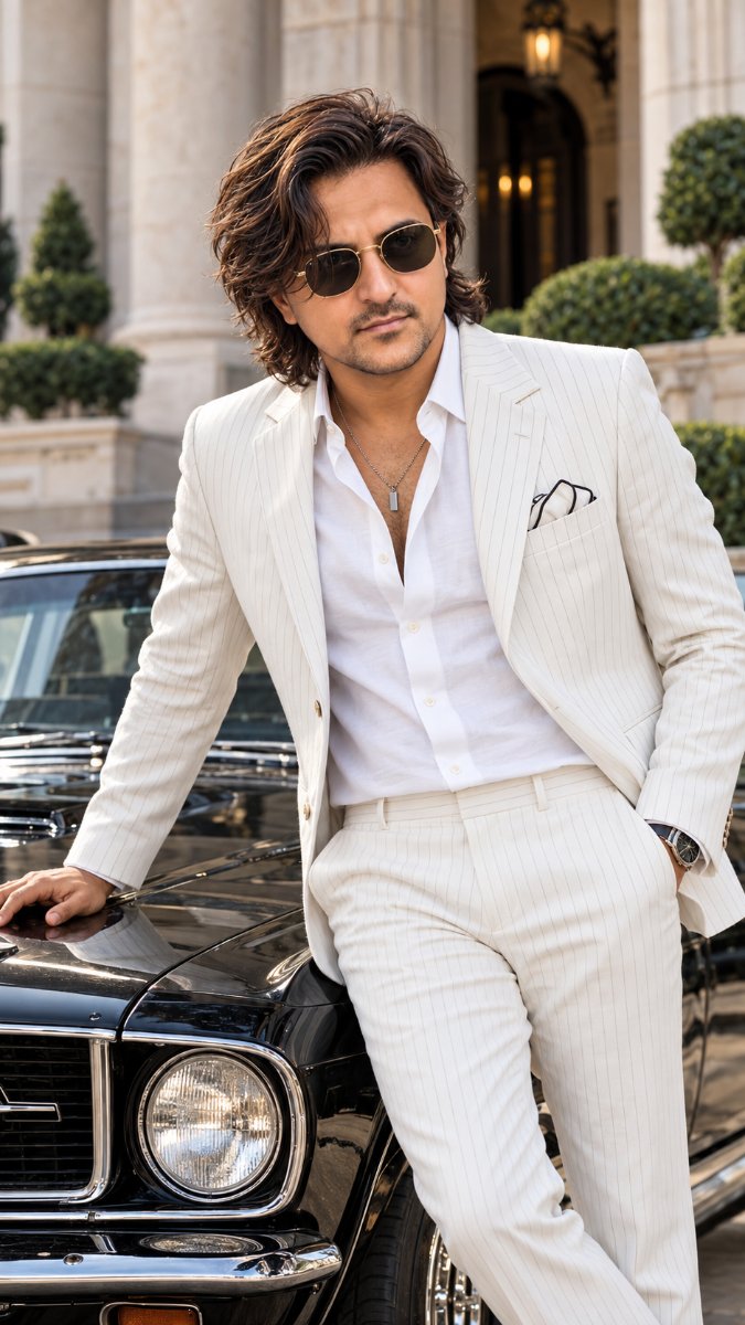 Cream Pinstripe Suit Long Hair - Diinesh Patel AI Prompt Visual