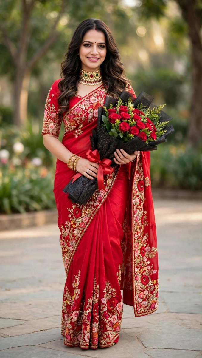 Sanjanaa Arole Red Floral Embroidered Saree - Pearl Choker Red Rose Bouquet Valentine Look AI Prompt Visual