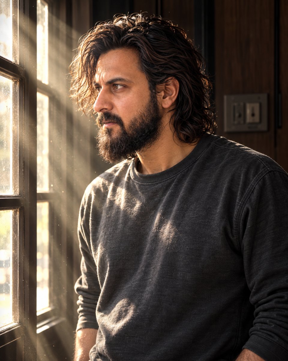 Diinesh Patel Golden Hour Pensive - Bearded Wavy Hair By Window Light AI Prompt Visual