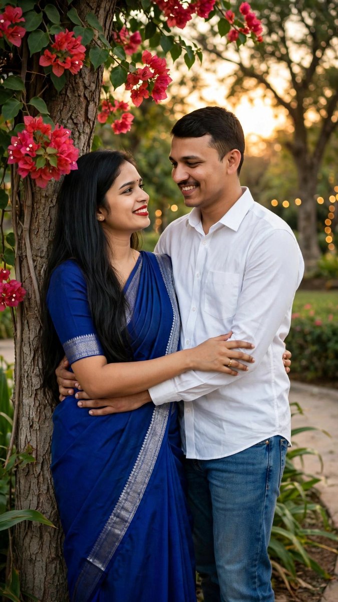 Bougainvillea Tree Lean Romance - Blue Saree White Shirt Eye Lock - Face Lock AI Prompt Visual