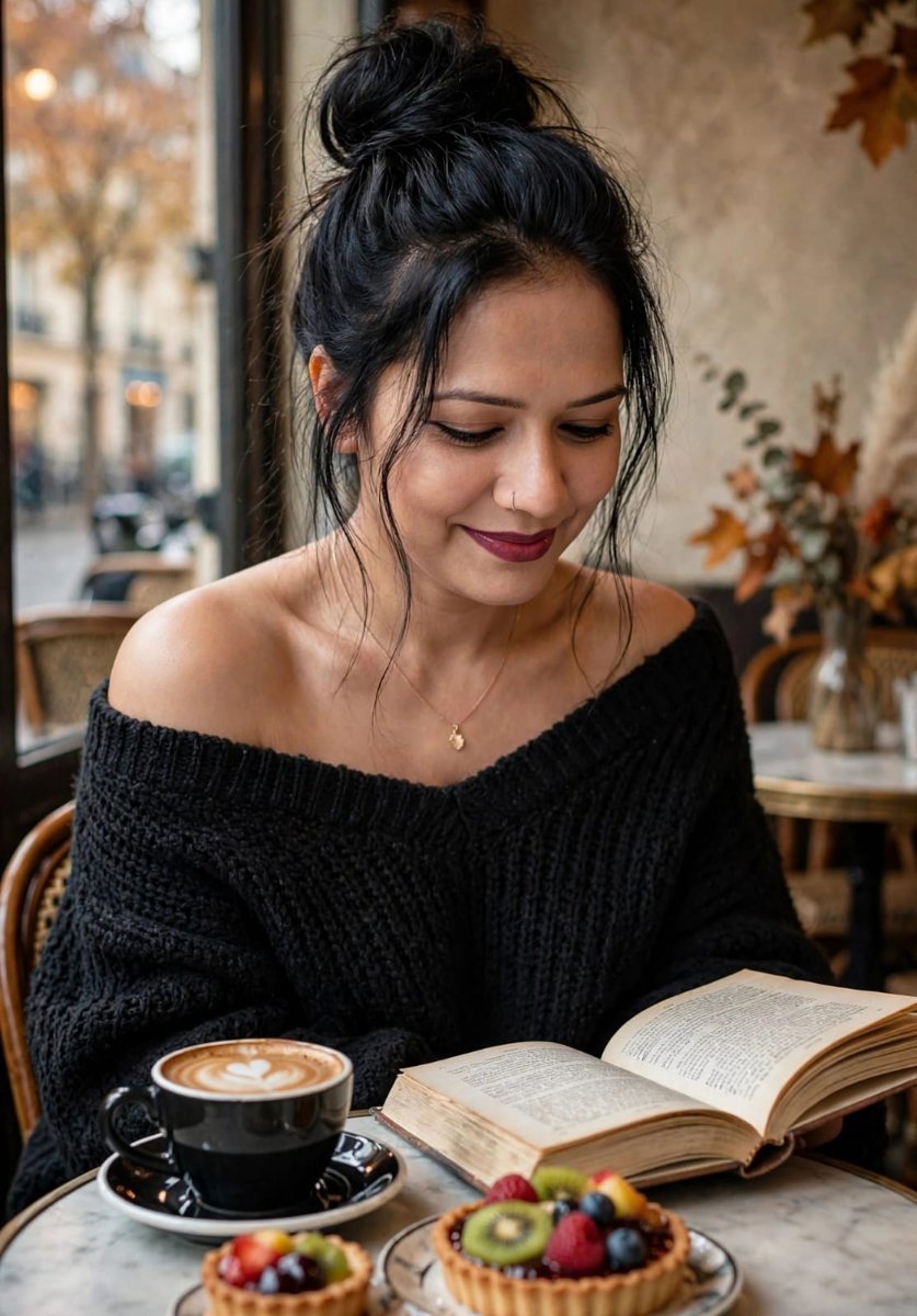 Cozy aesthetic cafe photo of a beautiful SANJANAA AROLE AI Prompt Visual