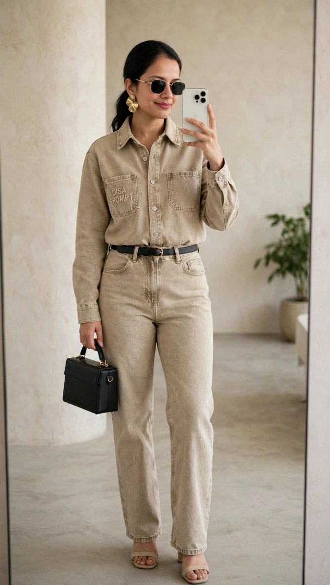 Sanjanaa Arole Beige Denim Shirt DISA PROMPT Embroidered - High Waist Jeans Belt - Mirror Selfie Bag Sunglasses AI Prompt Visual
