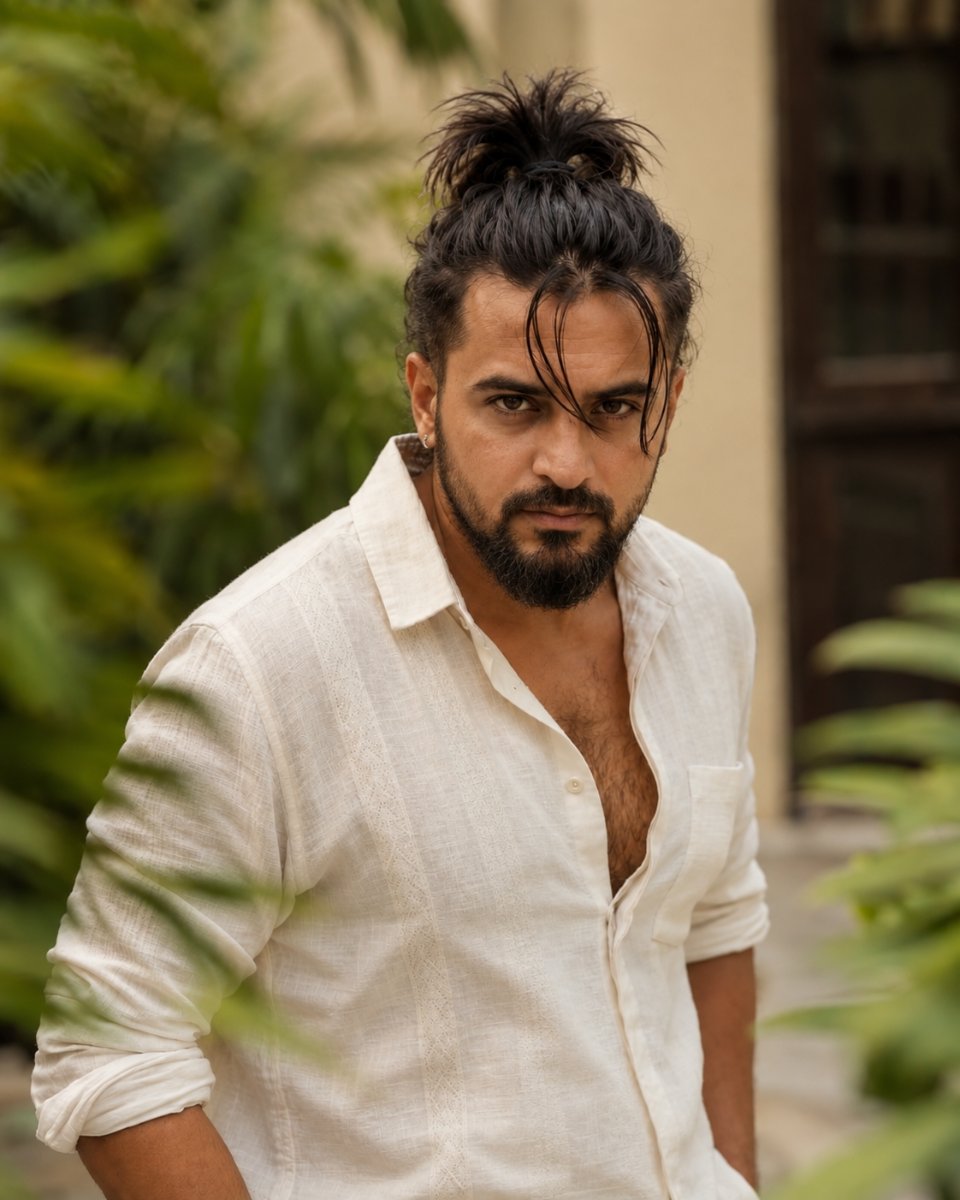 Bearded Man Bun Tropical Linen - Open White Shirt Jungle Vibe. Diinesh Patel AI Prompt Visual