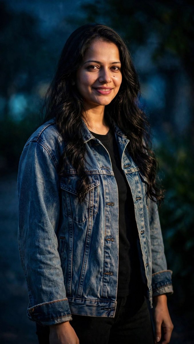 Sanjanaa Arole Oversized Denim Jacket Black Tee - Long Wavy Hair - Night Outdoor Golden Light Portrait AI Prompt Visual