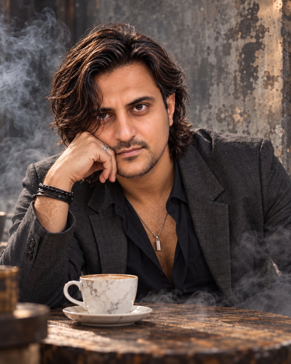 Moody Cafe Smoke Table Portrait - Dark Grey Blazer And Coffee Diinesh Patel AI Prompt Visual