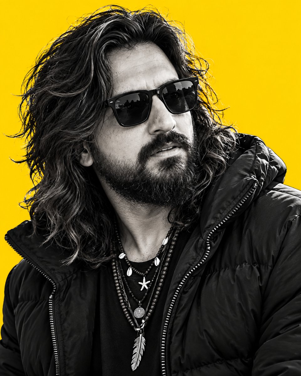 Diinesh Patel Yellow Pop King - Long Wavy Beard Shades Boho Drip AI Prompt Visual