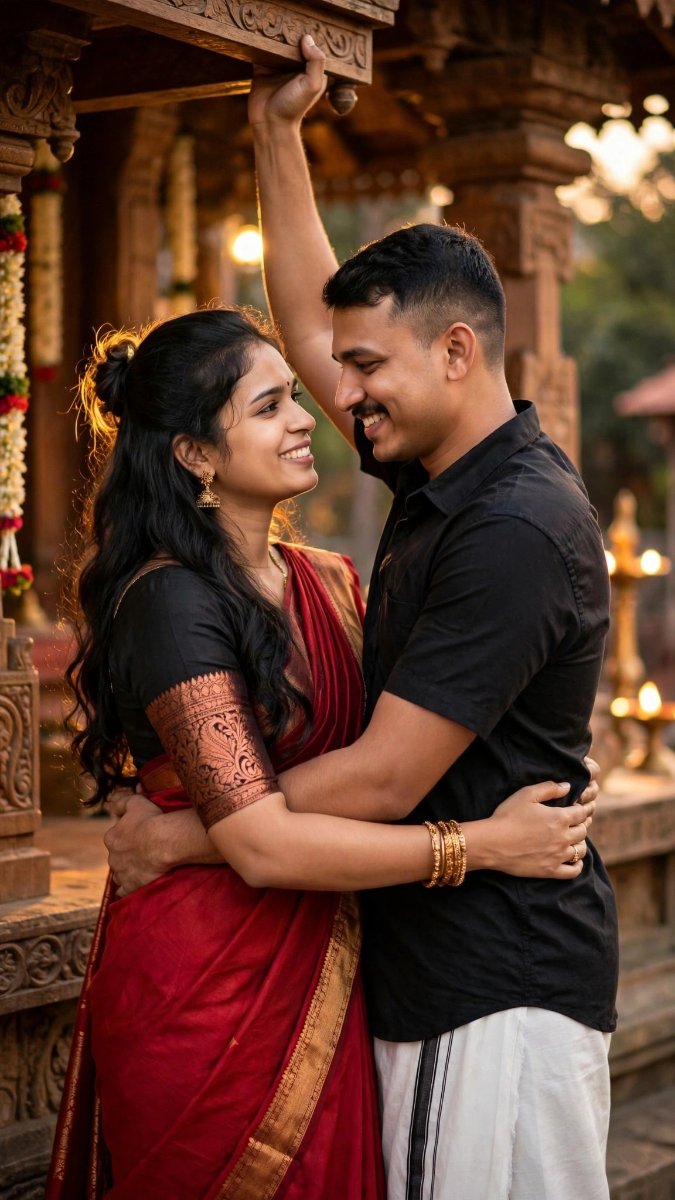 Temple Intimate Hug - Red Saree Black Shirt Eye Lock - Face Lock AI Prompt Visual