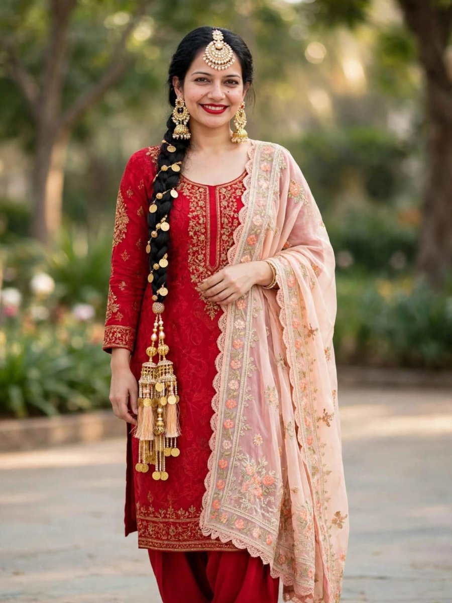 Sanjanaa Arole  Red Bridal Patiala Suit Set - Red Gold Embroidered Kurta with Red Patiala Salwar and Peach Floral Embroidered Organza Dupatta with Heavy Punjabi Paranda AI Prompt Visual