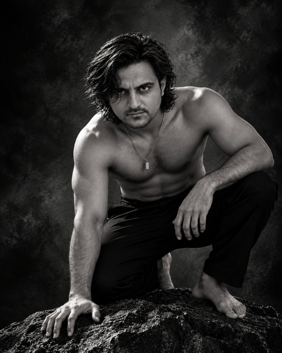 Diinesh Patel Rock Predator - Wavy Hair Chain On Stone B&W AI Prompt Visual