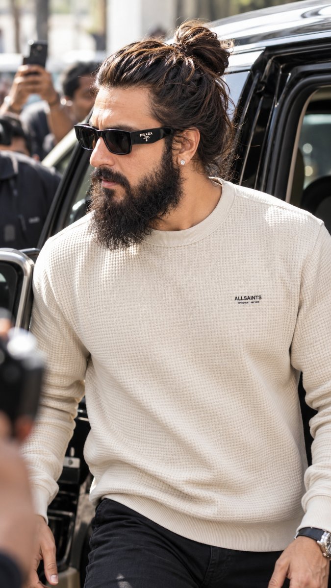 Messy Man Bun Beige Waffle Sweatshirt - Diinesh Patel AI Prompt Visual