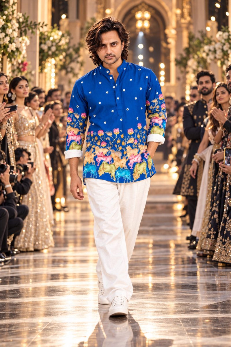 Diinesh Patel Runway Pichwai - Royal Blue Kurta AI Prompt Visual