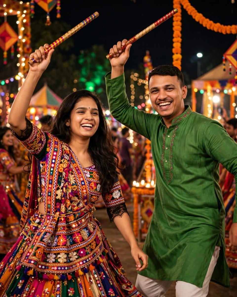 Multicolor Green Navratri Dandiya Couple Set - Multicolor Kutchi Embroidered Chaniya Choli Lehenga with Green Embroidered Kurta Pajama AI Prompt Visual