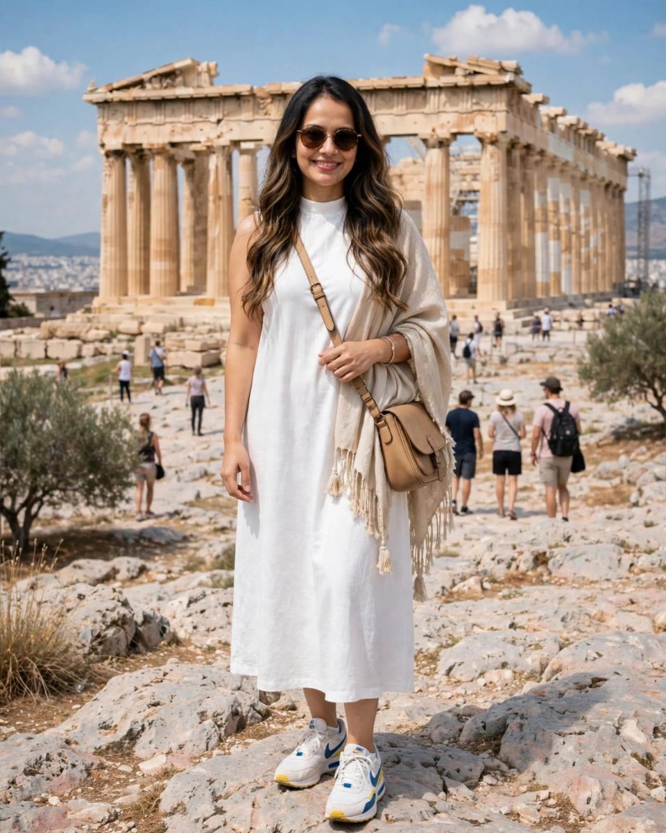 Sanjanaa Arole Athens Standing White Dress Look - White Sleeveless High Neck Midi Dress with Beige Tassel Stole and Tan Sling Bag Standing at Parthenon Acropolis AI Prompt Visual