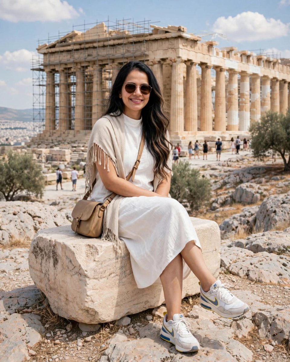 Sanjanaa Arole Athens White Dress Look - White High Neck Midi Dress with Beige Fringe Stole and Tan Sling Bag Sitting at Parthenon Acropolis AI Prompt Visual
