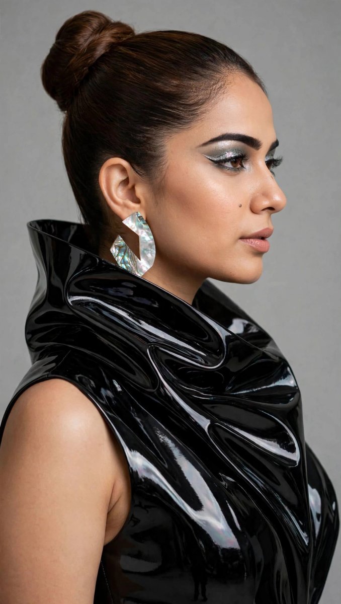 Sanjanaa Arole Black Sculptural High Collar Avant Garde - Iridescent Mother Of Pearl Earrings High Bun AI Prompt Visual