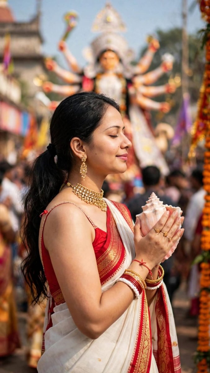 Sanjanaa Arole White Red Durga Visarjan Saree - White Red Gold Zari Border Bengali Handloom Cotton Saree with Red Sleeveless Blouse AI Prompt Visual