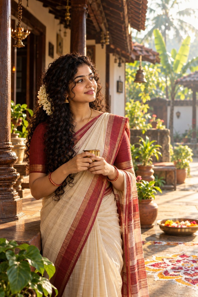 South Indian Woman in Green Saree – Monsoon Coffee House AI Prompt Visual
