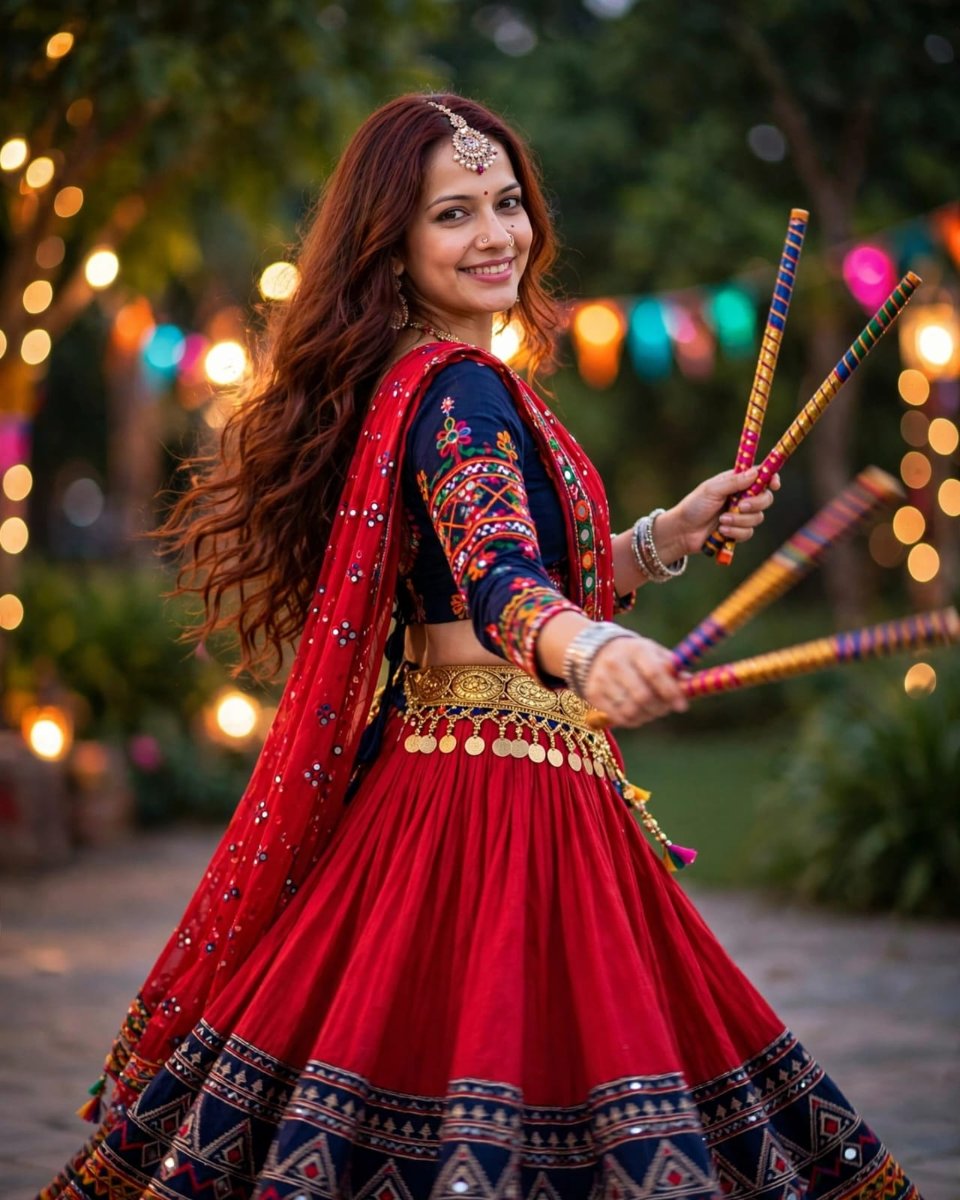 Sanjanaa Arole Navratri Dandiya Red Lehenga Look - Red Flared Lehenga with Navy Blue Embroidered Border and Heavy Kamarpatta with Red Mirror Dupatta AI Prompt Visual