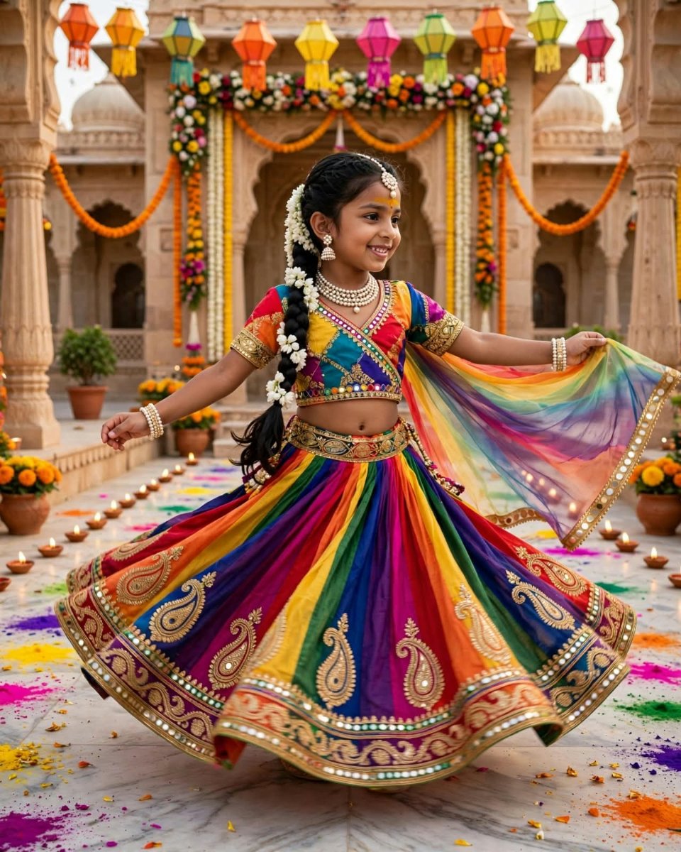 Little Baby Rainbow Lehenga Saree Look - Multicolor Rainbow Panel Lehenga with Mirror Work Border and Dupatta Draped as Saree in Holi Festival Palace AI Prompt Visual