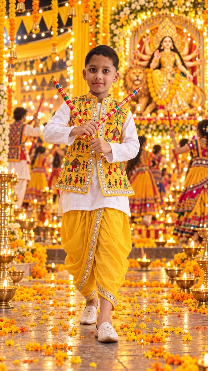 Navratri Yellow Warli Print - Crossed Dandiya Tiny Step - Yellow Theme Durga Pandal Night AI Prompt Visual