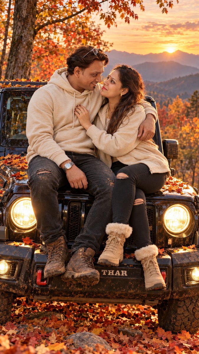 Autumn Jeep Couple Sitting On Hood At Sunset - Romantic Man And Woman Hugging On Black Thar In Fall Forest AI Prompt Visual
