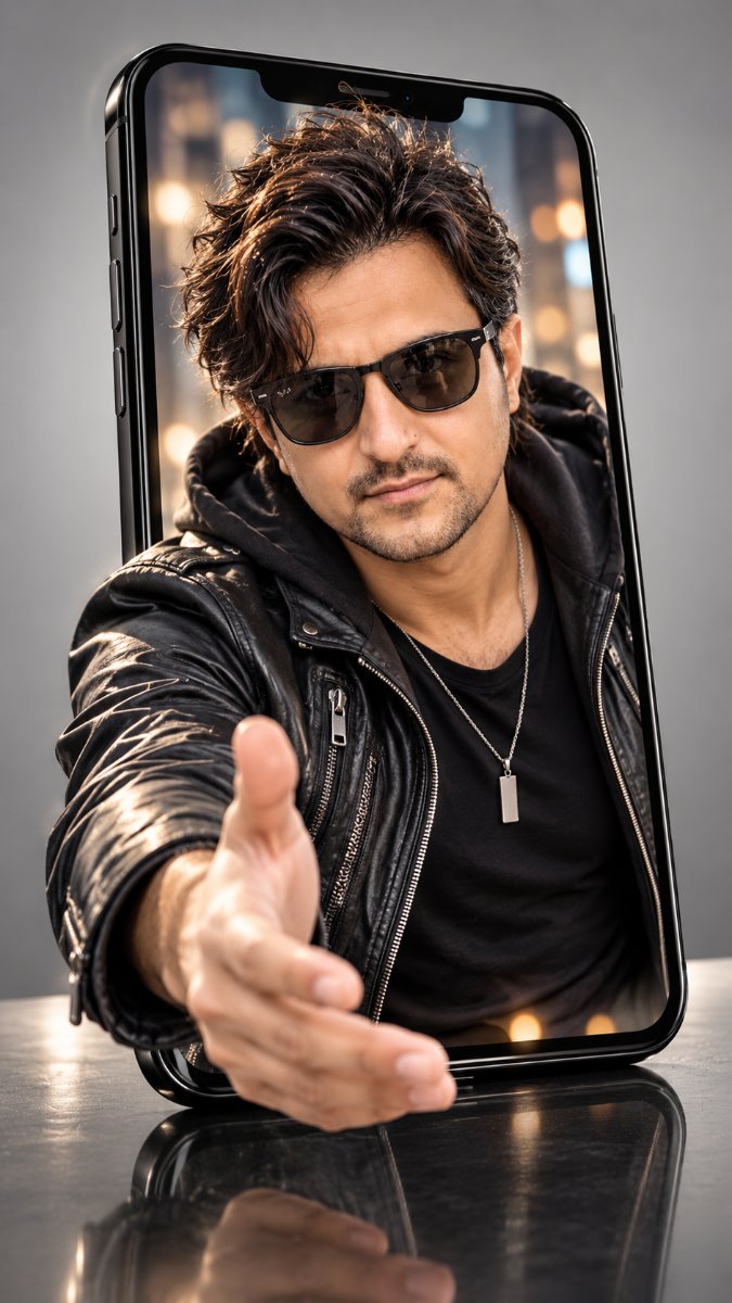 Phone Out 3D Effect - Black Leather jacket Diinesh Patel AI Prompt Visual