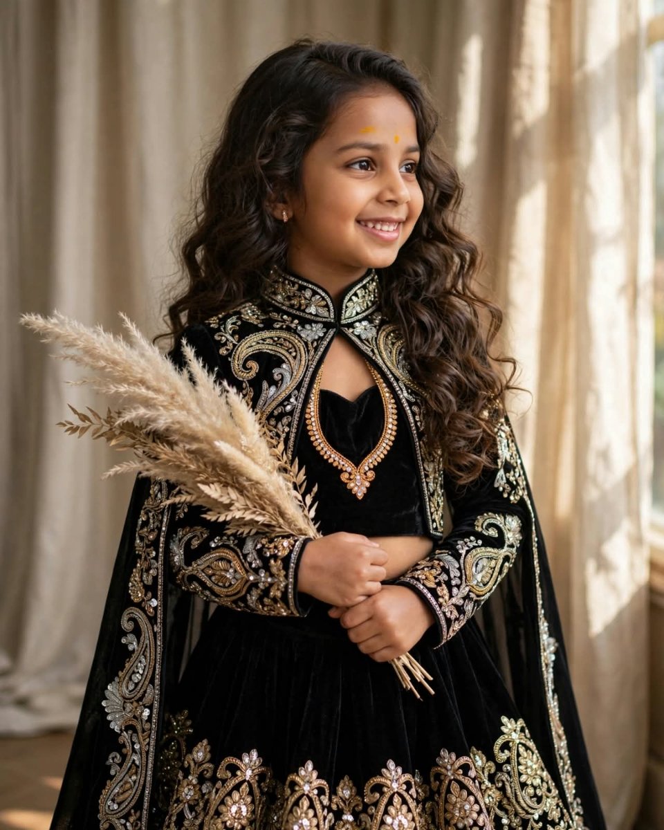 Sanjanaa Arole Little Baby Black Velvet Lehenga With Gold Embroidered Cape Jacket - Royal Indo Western Lehenga With Paisley Zari Work AI Prompt Visual