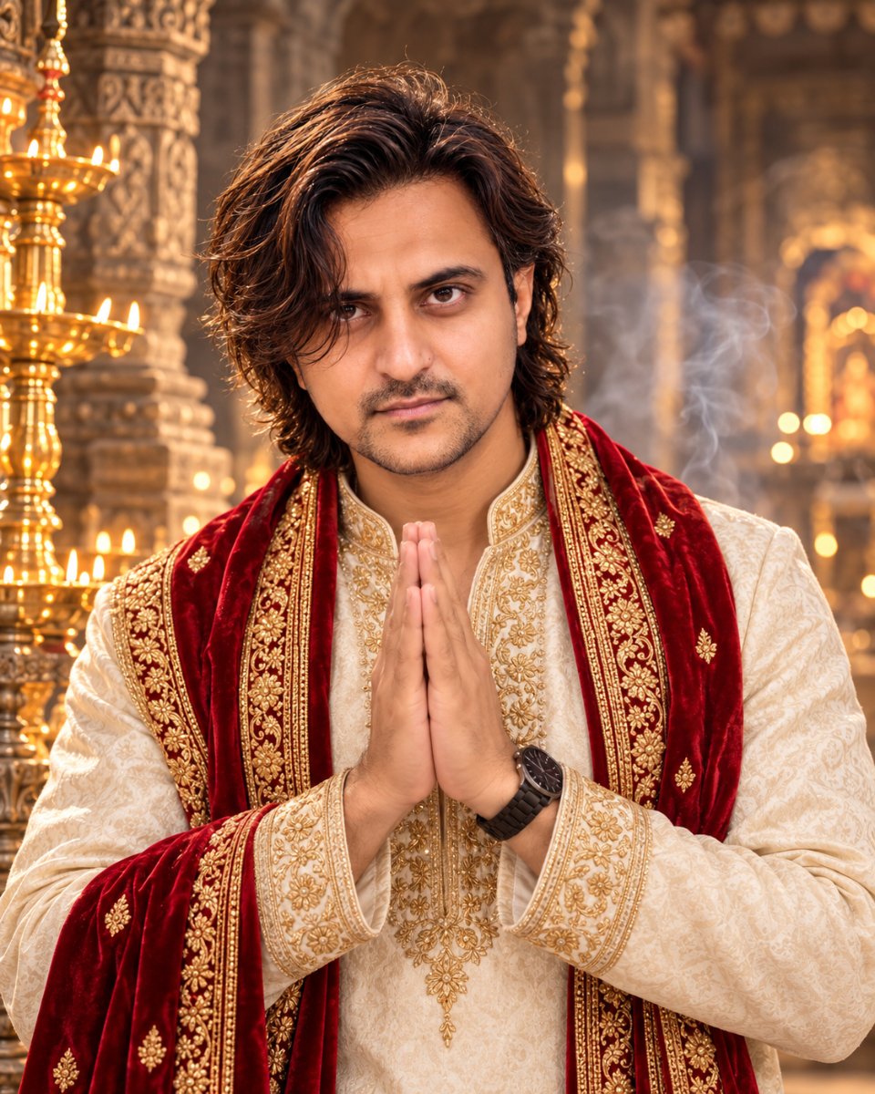 Temple Prayer - Ivory Embroidered Kurta Diinesh Patel AI Prompt Visual