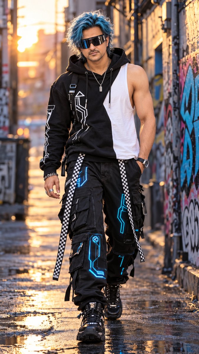 Cyberpunk Blue Hair Asym Hoodie - LED Cargo Pants Graffiti Alley Sunset. Diinesh Patel AI Prompt Visual