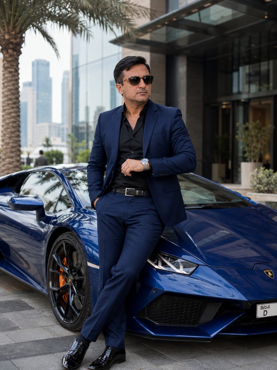 A confident successful Asian businessman with Lamborghini Dinesh Patel AI Prompt Visual