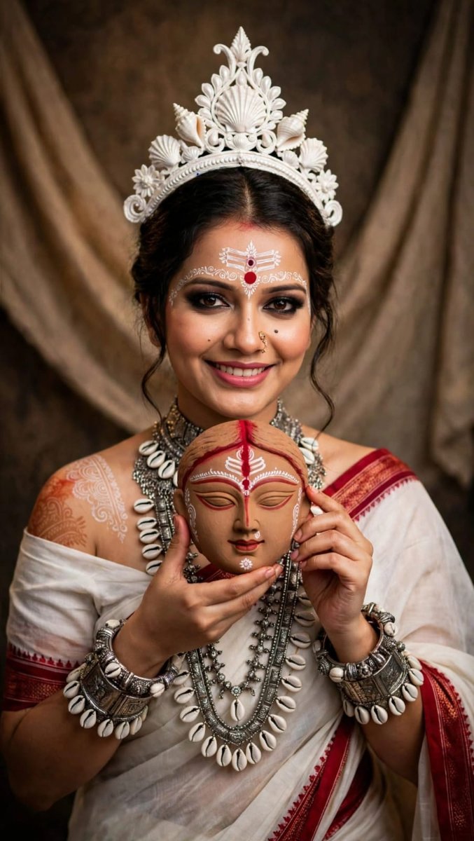 Sanjanaa Arole White Red Agomoni Durga Puja Saree - White Red Temple Border Handloom Cotton Saree with Oxidised Silver Kaudi Jewellery and Shankha Mukut AI Prompt Visual